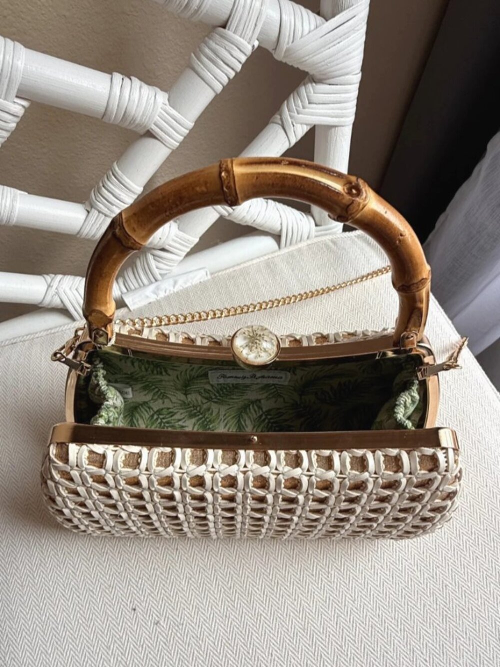 Tommy Bahama Woven Bamboo Handle Clutch Crossbody Chain Bag White Gold NWT - Picture 2 of 16